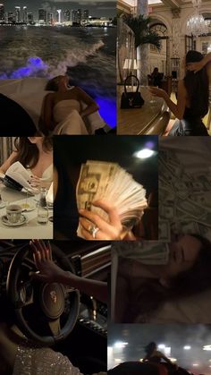 a collage of photos with people and money