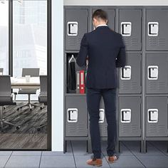 a man is standing in front of lockers and looking at the door to another room