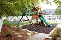 a backyard with a swing set and climbing frame