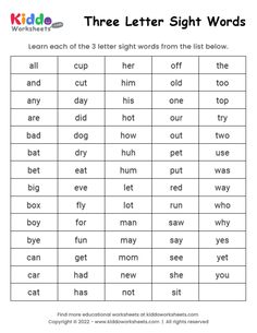 three letter sight words worksheet for kids to practice their handwriting and spelling skills