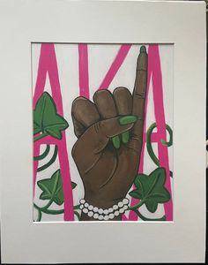 a painting of a hand holding up the peace sign with four leaf clovers around it