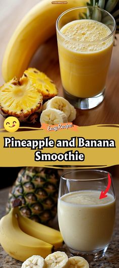 pineapple and banana smoothie in a glass next to sliced bananas