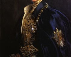 a painting of a man wearing a blue coat and gold trimmings, with his hands in his pockets