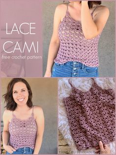 a crocheted top is shown with the words lace cami written below it