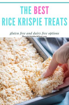 rice krispie treats in a pan with text overlay that reads, the best rice krispie treats gluen free and dairy free options