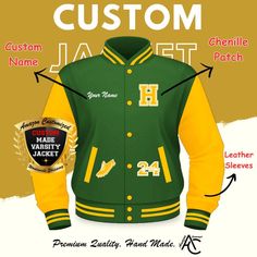 Genuine Premium Handmade Letterman Jacket Features: Fully Customizable Colors & Designs Genuine Cowhide Leather Sleeves & Pocket Welts Pill-Resistant 24oz Wool Body 3/4 Zip-Out Diamond Quilted Liner (Easy to add patches later) Premium Knit-Trim Striped Collar & Cuffs Interior Chest Pocket for Media Devices Choice of Regular Collar or Zipper Hood Fast Production Time: Approx. 2 weeks plus shipping How to Order Your Custom Jacket: Review the order instructions in the photos. Choose your jacket col Fitted Green Varsity Jacket, Varsity Letterman Jackets, Name Embroidery, Letterman Jacket, Custom Jacket, Leather Sleeve, Diamond Quilt, Logo Images, Embroidery Patches