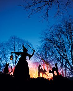 silhouettes of people dressed as witches and cats in the woods at night with lights on