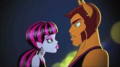 an animated image of a woman talking to a man with pink hair and piercings