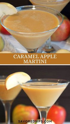 caramel apple martini in coupe glasses garnished with an apple