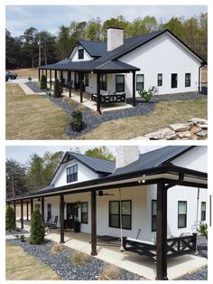 two pictures of a white house with black roof and front porch, side by side