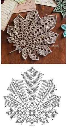 two pictures with different designs on them and the same one is made out of crochet