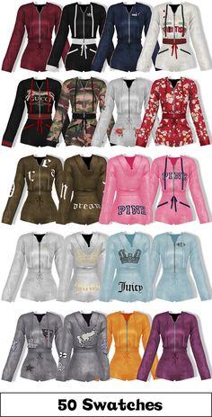 several different types of women's hoodies in various colors and sizes, with the names