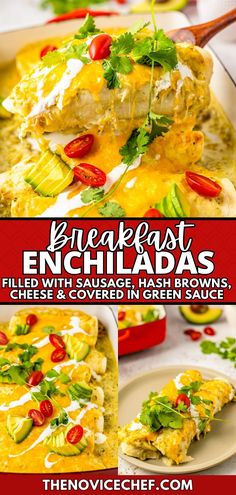 the recipe for enchiladas is shown in three different pictures, with text overlay