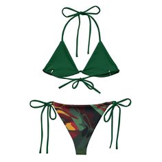 Stay comfortable and stylish all summer with this All-Over Print Recycled String Bikini set. It’s made from soft recycled polyester with double-layering and UPF 50+. Style the straps how you like, and get ready to swim! • Soft and stretchy material with UPF 50+ • Sizes up to 6XL • Bikini top comes with removable padding for comfort • Multiple ways to tie and style the bikini set • Color design options for swimwear lining Disclaimers: • Due to the 2-layered construction and internal stitching, a Trendy Green Adjustable Swimwear, Adjustable Green Swimwear For Beach, Green T-back Swimwear With Adjustable Straps, Green Strappy Swimwear For Beach, Green Strappy Summer Swimwear, Green Strappy Swimwear For Poolside, Green Triangle Top Swimwear With Adjustable Straps, Strappy Nylon Swimwear For Summer, Green Nylon Swimwear For Beach Party