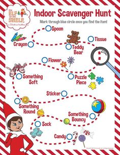 an image of a poster with words and pictures for the elf scavenger hunt