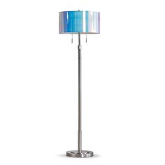 a floor lamp with a blue shade on the bottom and a white light behind it