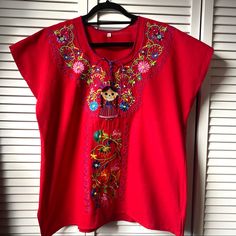 Embroidered Mexican Blouse, Size L Please See Photos For Measurements New Without Tags Red Bohemian Crew Neck Blouse, Red Short Sleeve Cotton Blouse, Bohemian Red Tops With Floral Embroidery, Summer Red Tops With Embroidered Neckline, Red Floral Embroidered Top, Summer Red Top With Embroidered Neckline, Red Summer Top With Embroidered Neckline, Casual Red Blouse With Floral Embroidery, Casual Red Embroidered Short Sleeve Top