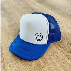 Customized Smiley Face Infant/Toddler/Kids/Youth/Adults Trucker Hats Materials: Polyester, Nylon, Foam, Vinyl Size and Fit: *Adult: 22.8 inches +/-3 in circumference, Recommended for 12 years and up *Youth: 54.5cm/21.5 inches +/- 3, Recommended for ages 6 - 12 *Kids/Todder: 54cm/21 inches +/- 3, Recommended for age 18 months - 6 *Baby: 15 - 19 inches, Recommended for age 0 - 18 months Sizing is based on average head circumference for age groups. If your child's head is on the larger size, order Fun Blue Trucker Hat For Outdoor, Fun White Hats For Play, Fun White Hat For Play, Playful White Trucker Hat For Spring, Spring Blue Trucker Hat With Letter Print, Trendy Blue Trucker Hat, Casual White Trucker Hat With Adjustable Fit, Casual White Hat For Playtime, Casual White Adjustable Trucker Hat