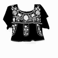 Mexican Embroidered Blouse Crop Top Custom And Unique Black/White Ethnic Foll Mexican Boxy Loose Top Beautifully Embroidered By Hand Folk Art Traditional Embroidery Wear It With Levis, Shorts Or Pants, Dress It Up Or Down With A Mini Or Bohemian Maxi Skirt, Boots Or Heels To The Rodeo Or The Next Summer Festival! Add Elegant Accesories Or Give It A Hippie Bohemian Style. Rodeo Festival Bohemian Clothing Mexico Dress Handcrafted Vintage Style Techniques By And With Love Aida Coronado Fitted Black Embroidered Top For Festival, Traditional Black Embroidered Festive Top, Traditional Black Embroidered Top For Festive Occasions, Traditional Black Blouse With Floral Embroidery, Black Fitted Bohemian Embroidered Top, Fitted Black Bohemian Embroidered Top, Black Blouse With Intricate Embroidery For Festival, Black Tops With Floral Embroidery For Festivals, Traditional Embroidered Black Tops