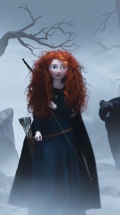 a woman with red hair holding a bow and arrow