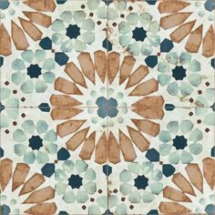 an artistic tile design in blue, brown and white with flowers on the bottom half