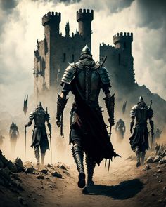 a group of men in armor walking down a dirt road next to a tall castle