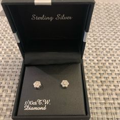 New! Flower 1/10ct Diamond, Sterling Silver Earrings. Tags Still On And Box Included. Gift Diamond Earrings With Brilliant Cut In Flower Shape, Diamond Flower Shaped Earrings With Brilliant Cut For Gifts, Diamond White Brilliant Cut Flower Earrings As Gift, Diamond White Flower-shaped Diamond Earrings As Gift, Diamond Flower Earrings With Prong Setting As Gift, Classic Diamond White Flower Earrings As Gift, Classic Diamond White Flower Earrings For Gift, Gift Diamond Flower Earrings With Brilliant Cut, Gift Cluster Earrings With Brilliant Cut In Flower Shape