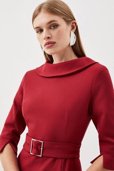 Showcasing '60S-Inspired Style, This Midi Dress Exudes A Timeless Aesthetic. A Roll Neck Design Effortlessly Blends Into The Bodycon Style, While A Buckle Belt Subtly Cinches The Waist. Pair This Piece With Heels For Workwear Or After-Dark Occasions.Tailored Dressmidi Hemlinewaist Beltroll Necklinethree-Quarter Sleeves Bodycon Style, Belted Midi Dress, Timeless Aesthetic, Tailored Dress, Bodycon Fashion, Red Midi Dress, Buckle Belt, Roll Neck, Karen Millen