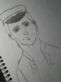 a drawing of a man in a sailor's hat holding his hand to his face