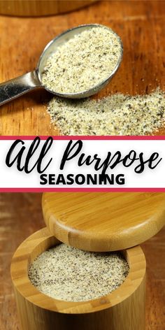 all purpose seasoning in a wooden spoon on top of a table with the words, all purpose seasoning