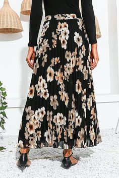 Black Floral Printed Chiffon Elastic High Waist Pleated Long Skirt Chic Chiffon Floral Print Skirt, Chic Floral Print Chiffon Skirt, Chic Chiffon Skirt With Floral Print, Black Chiffon Pleated Skirt Bottoms, Black Flowy Skirt For Spring, Black Chiffon Pleated Skirt, Black Chiffon Skirted Bottoms, Stylish Heels, High Waisted Maxi Skirt