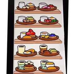 a sticker with different types of food on it's shelves, including pancakes and other foods