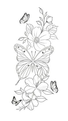 a butterfly and flowers coloring page with butterflies flying over the top of each flower, which is outlined in black and white