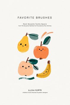 the cover of favorite brushes for children's art workbook, featuring apples and pears