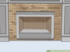 a brick fireplace with the door open to show it's mantle and shelf space