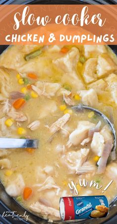 slow cooker chicken and dumplings recipe in a crock pot with a spoon