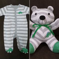 two pictures of a teddy bear and a striped onesie with green trimmings