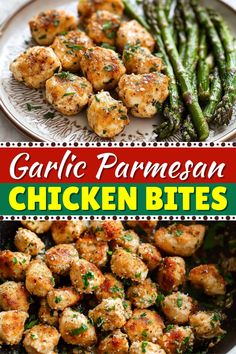 garlic parmesan chicken bites on a plate with asparagus