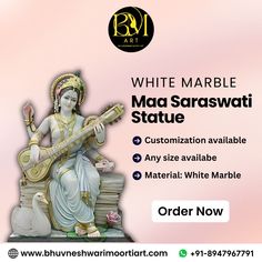 an advertisement for white marble mad saraswati statue