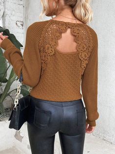 Women's Solid Color Lace Patchwork V-Neck Long Sleeve Sweater Brown Casual  Long Sleeve Knitwear Plain Pullovers Non-Stretch  Women Clothing, size features are:Bust: ,Length: ,Sleeve Length: Dusty Pink Style, Raglan Sleeve Sweater, Women Sweaters, Guipure Lace, Lace Insert, Out Back, Casual Sweaters, Inspiration Mode, Online Clothing Stores