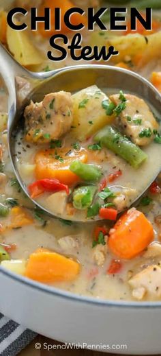 a ladle full of chicken stew with carrots, celery and potatoes