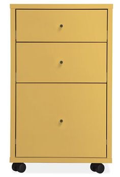 a yellow dresser with three drawers and wheels on the bottom shelf, against a white background