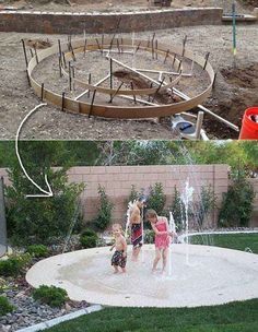 Backyard Splash Pad Ideas, Diy Splash Pad For Kids, Dirt Backyard Makeover Diy, Splash Pad Backyard, Kid Friendly Backyard Ideas, Diy Splash Pad, Shed Inspiration, Backyard Splash Pad, Garden Spells