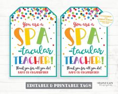 two teacher appreciation tags with colorful confetti on them