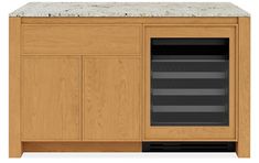 a wooden cabinet with an open door and granite counter top on one side, in front of a white background