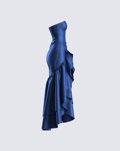 Satin Dark Blue Dress, Open Leg Dress, Dark Blue Long Dress, Vestidos Outfits, Ruffle Dresses, Ruffles Dress, Charmeuse Fabric, Classy Prom Dresses, Long Blue Dress