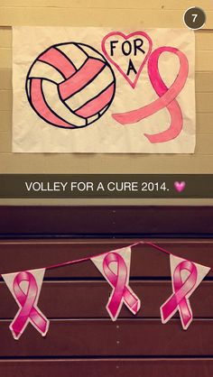 a volleyball ball and pink ribbon are hanging on the wall in front of a banner