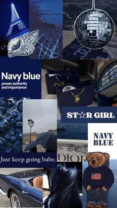 navy blue collage with various items and captions