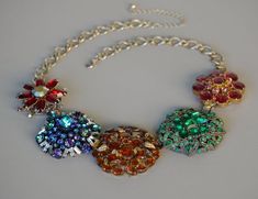 Multi Rainbow Statement Necklace from Vintage Rhinestone Jewelry Topaz Orange, Kay Adams, Vintage Rhinestone Earrings, Vintage Rhinestone Jewelry, Green Blue Purple, Hand Craft, Orange And Pink, Message Jewelry, Rhinestone Jewelry