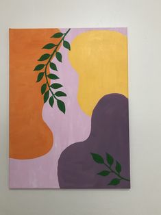 a painting on a white wall with green leaves in the foreground and an orange background